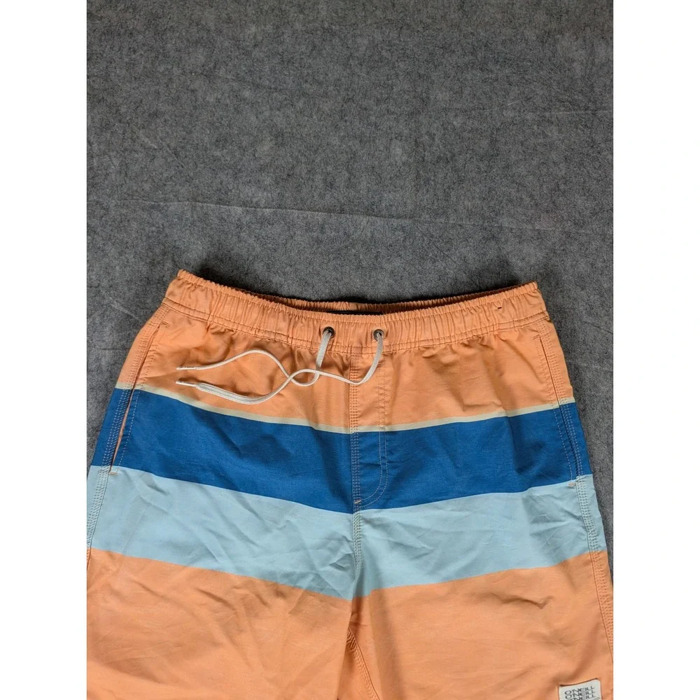 ONeill Mens Colorblock Swim Trunks Orange Blue Striped Board Shorts Mesh Lined